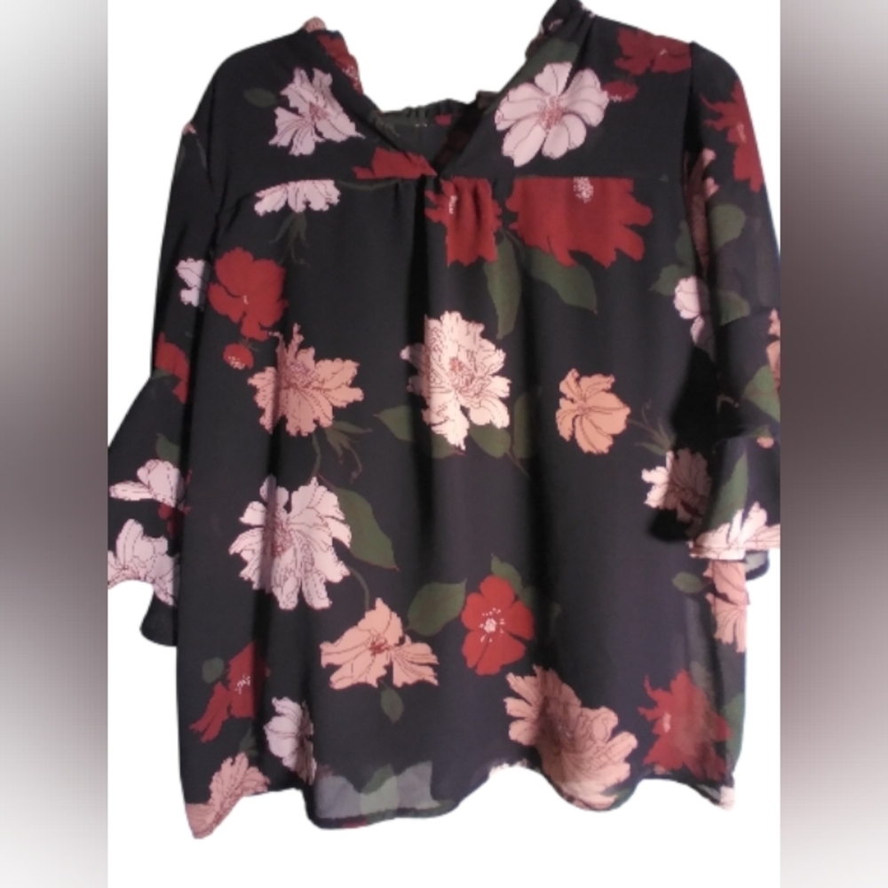 Monteau Black Floral Blouse with Pink and Red Flowers